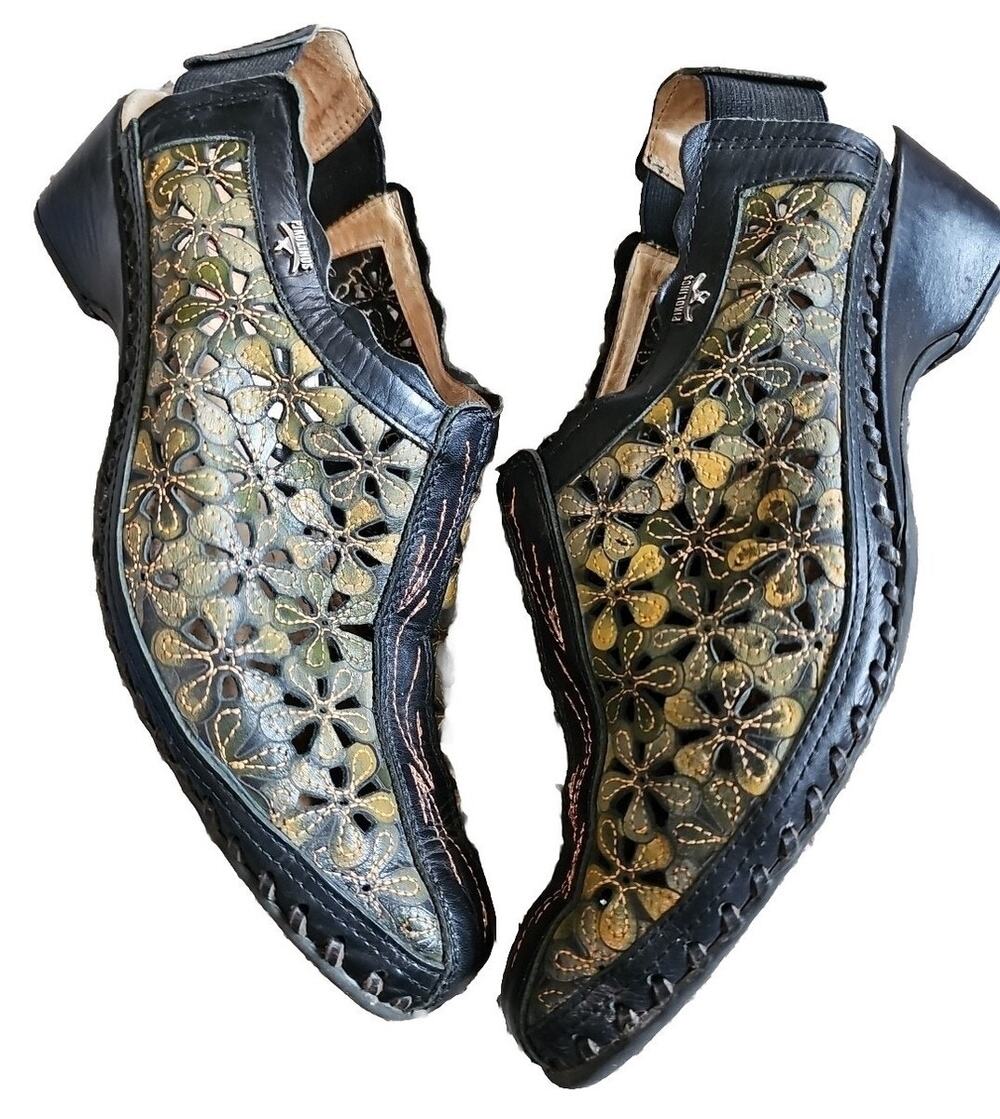 Pikolinos Romana slingback shoes intricate green floral cutouts Sz 6.5-7